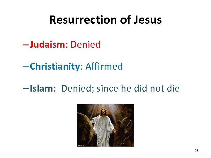 Resurrection of Jesus – Judaism: Denied – Christianity: Affirmed – Islam: Denied; since he