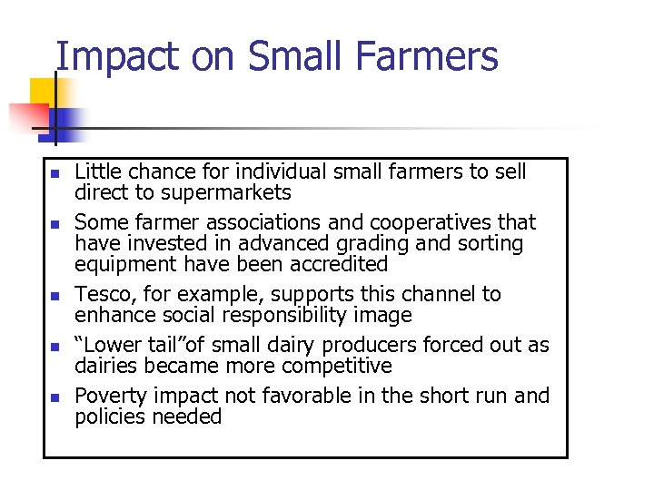 Impact on Small Farmers n n n Little chance for individual small farmers to