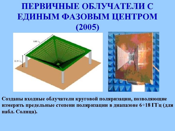 ПЕРВИЧНЫЕ ОБЛУЧАТЕЛИ С ЕДИНЫМ ФАЗОВЫМ ЦЕНТРОМ (2005) Созданы входные облучатели круговой поляризации, позволяющие измерять