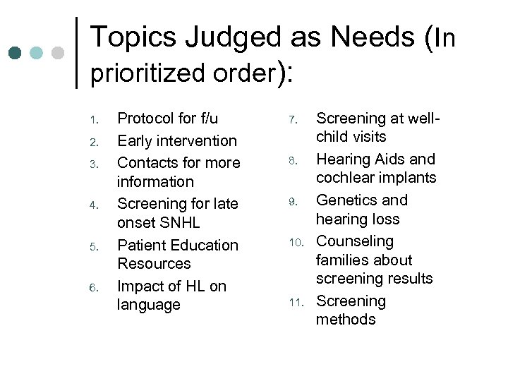 Topics Judged as Needs (In prioritized order): 1. 2. 3. 4. 5. 6. Protocol