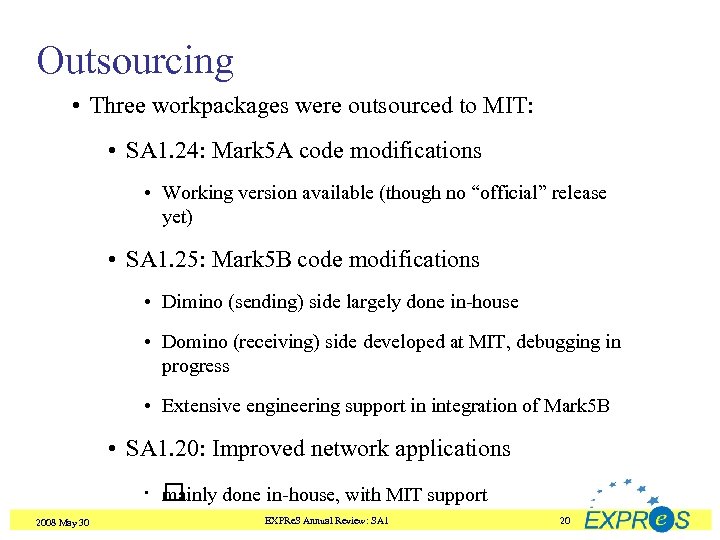 Outsourcing • Three workpackages were outsourced to MIT: • SA 1. 24: Mark 5