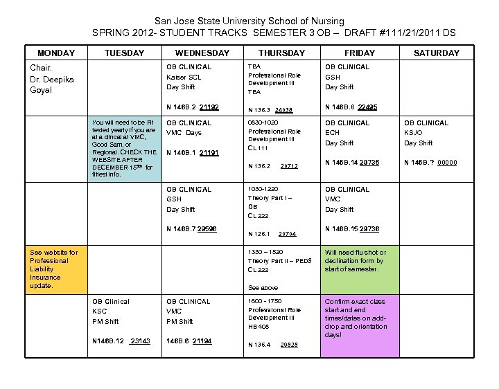 San Jose State University School of Nursing SPRING 2012 - STUDENT TRACKS SEMESTER 3