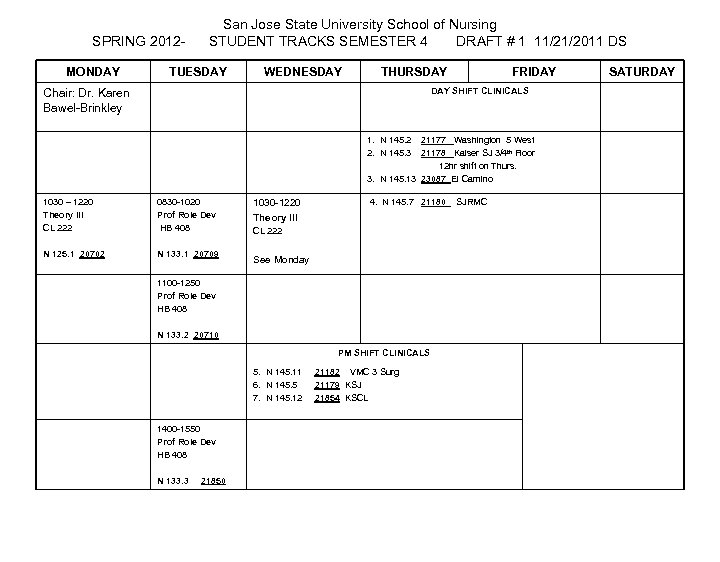 SPRING 2012 MONDAY San Jose State University School of Nursing STUDENT TRACKS SEMESTER 4