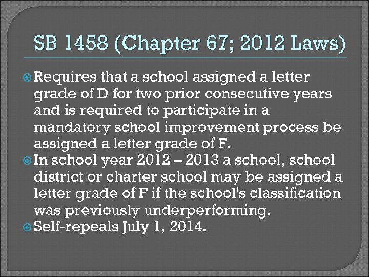 SB 1458 (Chapter 67; 2012 Laws) Requires that a school assigned a letter grade