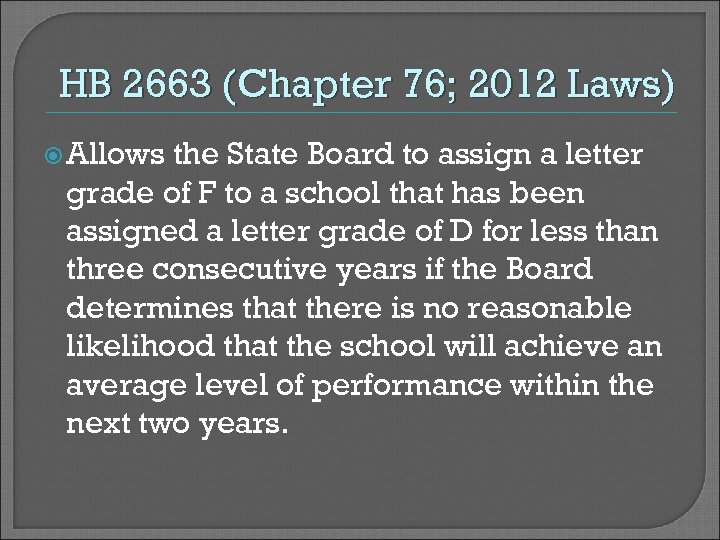 HB 2663 (Chapter 76; 2012 Laws) Allows the State Board to assign a letter