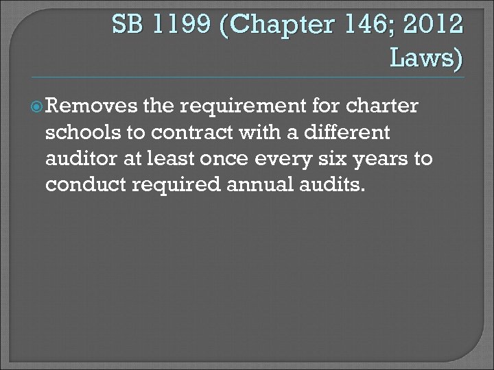 SB 1199 (Chapter 146; 2012 Laws) Removes the requirement for charter schools to contract