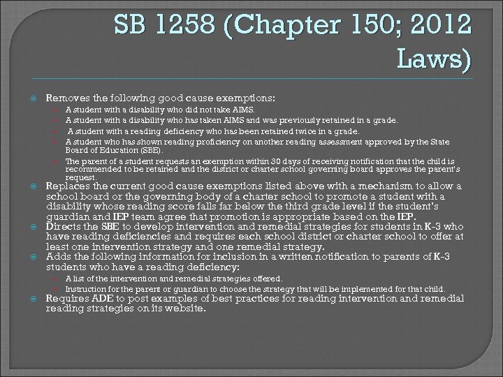SB 1258 (Chapter 150; 2012 Laws) Removes the following good cause exemptions: • •
