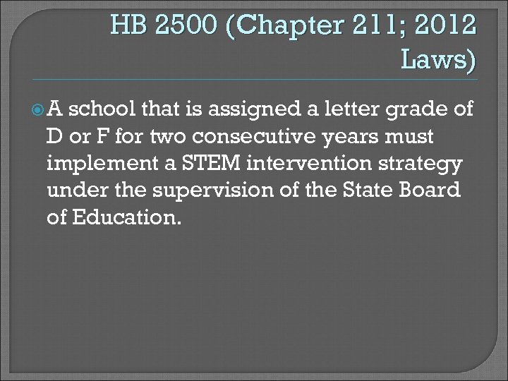HB 2500 (Chapter 211; 2012 Laws) A school that is assigned a letter grade