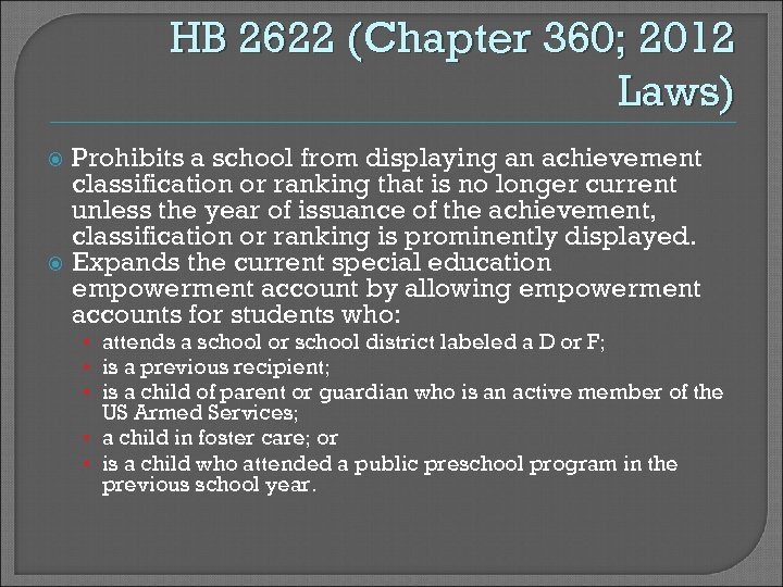 HB 2622 (Chapter 360; 2012 Laws) Prohibits a school from displaying an achievement classification