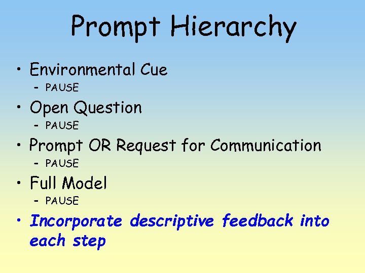 Prompt Hierarchy • Environmental Cue – PAUSE • Open Question – PAUSE • Prompt