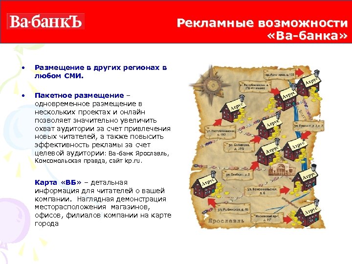 Рекламные возможности «Ва-банка» • Размещение в других регионах в любом СМИ. • Пакетное размещение