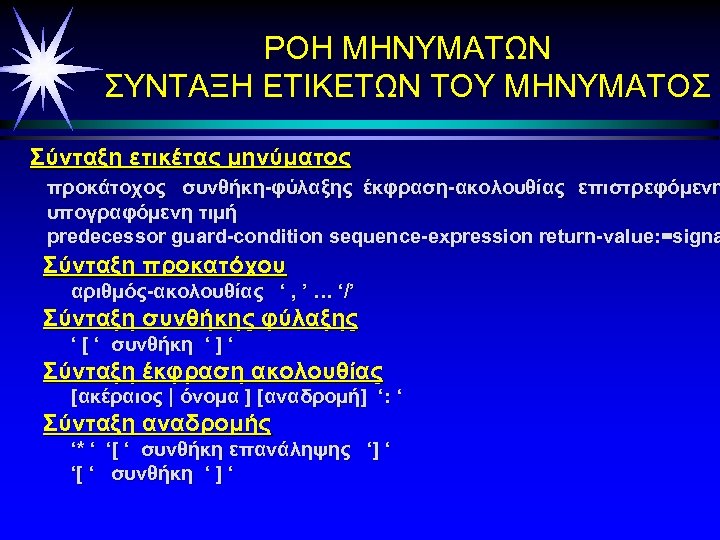 ΡΟΗ ΜΗΝΥΜΑΤΩΝ ΣΥΝΤΑΞΗ ΕΤΙΚΕΤΩΝ ΤΟΥ ΜΗΝΥΜΑΤΟΣ Σύνταξη ετικέτας μηνύματος προκάτοχος συνθήκη-φύλαξης έκφραση-ακολουθίας επιστρεφόμενη υπογραφόμενη