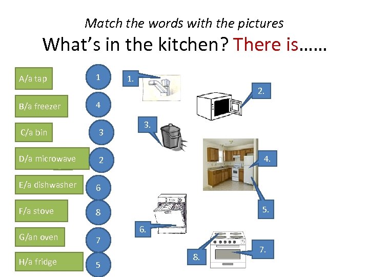 Match the words with the pictures What’s in the kitchen? There is…… A/a tap