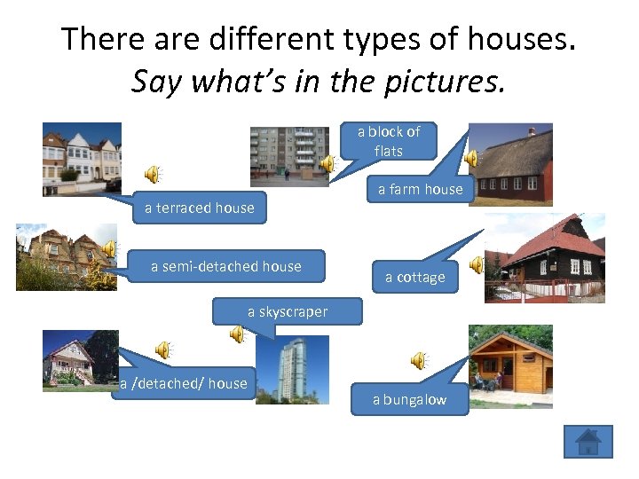 There are different types of houses. Say what’s in the pictures. a block of