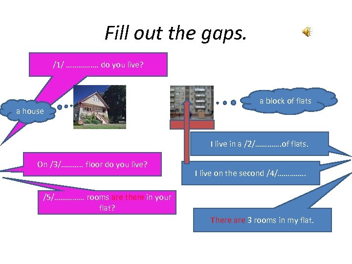 Fill out the gaps. /1/ ……………. do you live? a house a block of