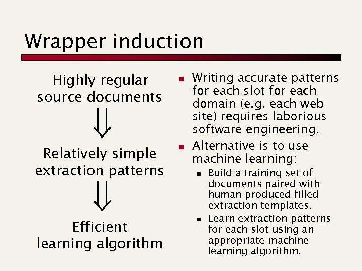 Wrapper induction Highly regular source documents n Relatively simple extraction patterns n Efficient learning
