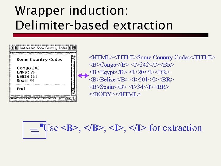 Wrapper induction: Delimiter-based extraction <HTML><TITLE>Some Country Codes</TITLE> <B>Congo</B> <I>242</I><BR> <B>Egypt</B> <I>20</I><BR> <B>Belize</B> <I>501</I><BR> <B>Spain</B>