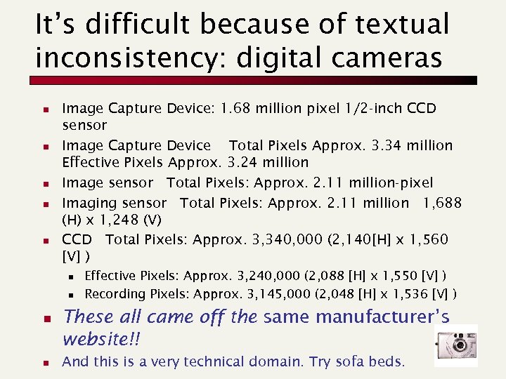It’s difficult because of textual inconsistency: digital cameras n n n Image Capture Device: