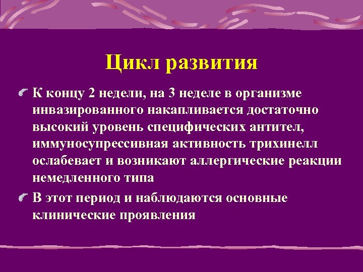 Цикл развития К концу 2 недели, на 3 неделе в оpганизме инвазиpованного накапливается достаточно