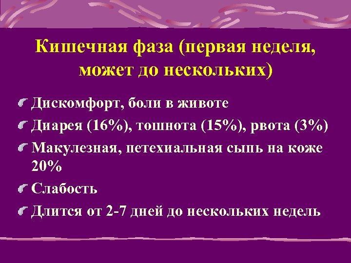 Кишечная фаза (первая неделя, может до нескольких) Дискомфорт, боли в животе Диарея (16%), тошнота