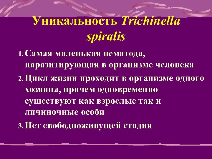 Уникальность Trichinella spiralis 1. Самая маленькая нематода, паразитирующая в организме человека 2. Цикл жизни