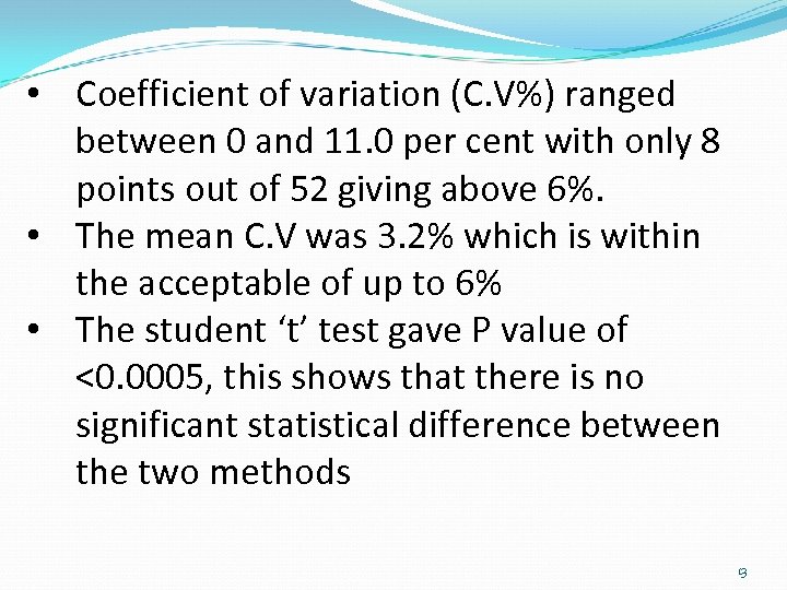  • Coefficient of variation (C. V%) ranged between 0 and 11. 0 per
