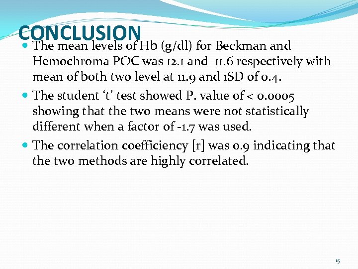 CONCLUSION The mean levels of Hb (g/dl) for Beckman and Hemochroma POC was 12.