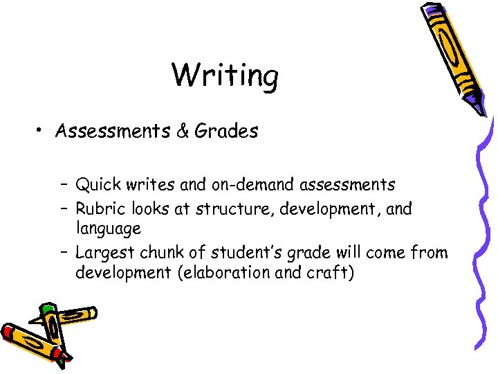 Writing • Assessments & Grades – Quick writes and on-demand assessments – Rubric looks