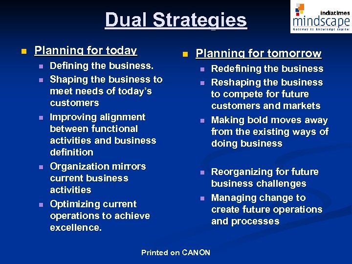 Dual Strategies n Planning for today n n n Defining the business. Shaping the