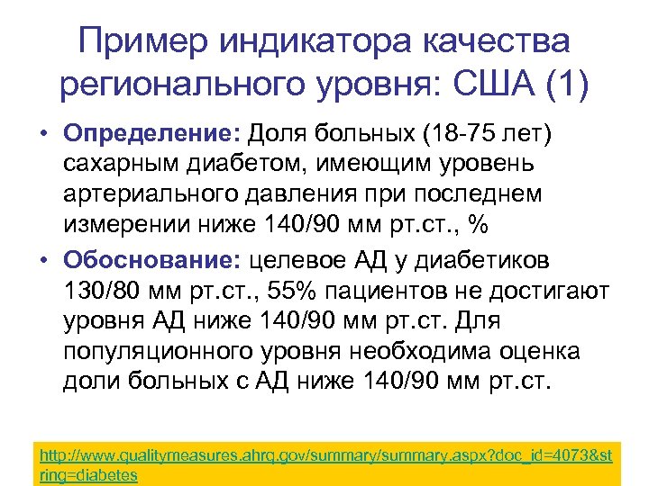 Пример индикатора качества регионального уровня: США (1) • Определение: Доля больных (18 -75 лет)