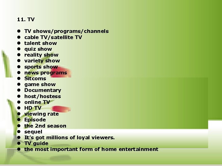 11. TV l TV shows/programs/channels l cable TV/satellite TV l talent show l quiz