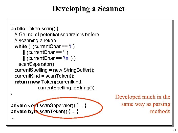 Developing a Scanner. . . public Token scan() { // Get rid of potential