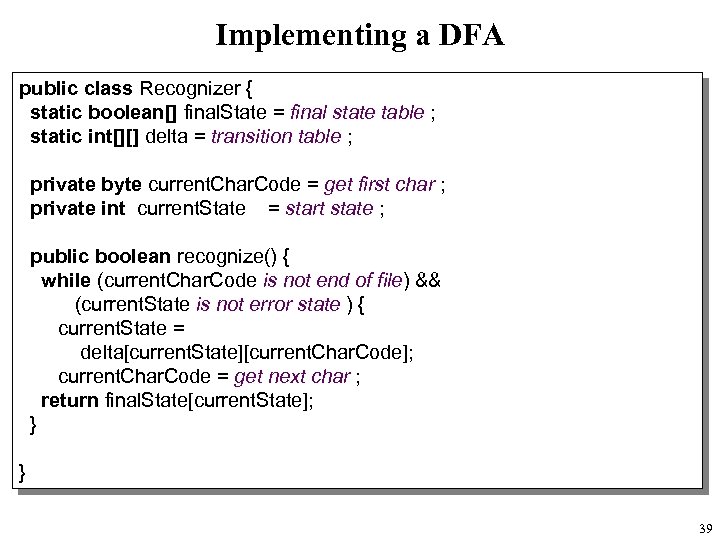 Implementing a DFA public class Recognizer { static boolean[] final. State = final state