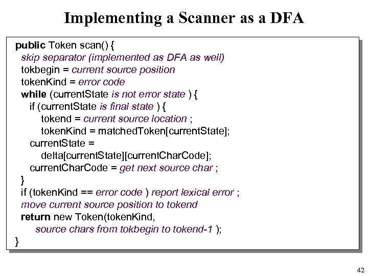 Implementing a Scanner as a DFA public Token scan() { skip separator (implemented as