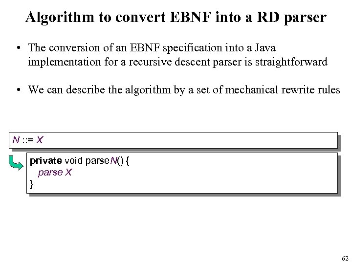 Algorithm to convert EBNF into a RD parser • The conversion of an EBNF