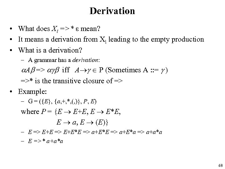 Derivation • What does Xi =>* ε mean? • It means a derivation from