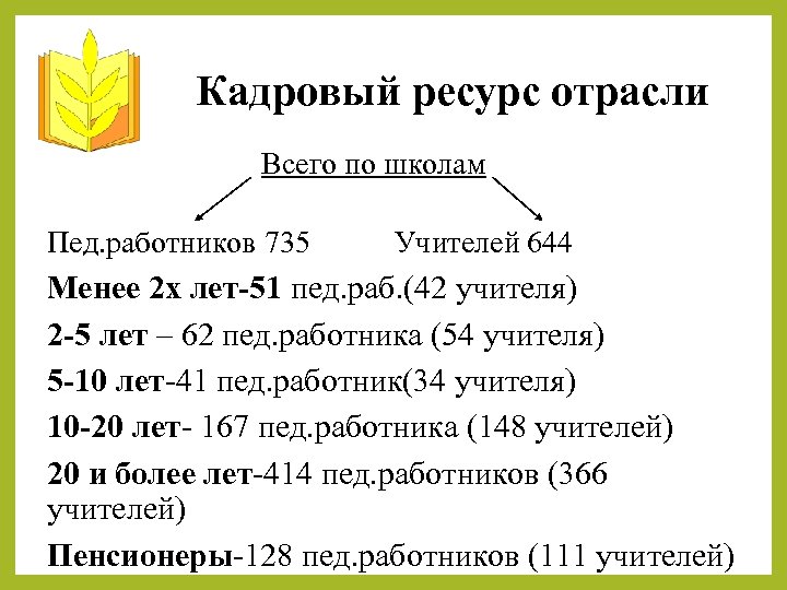Кадровый ресурс отрасли Всего по школам Пед. работников 735 Учителей 644 Менее 2 х
