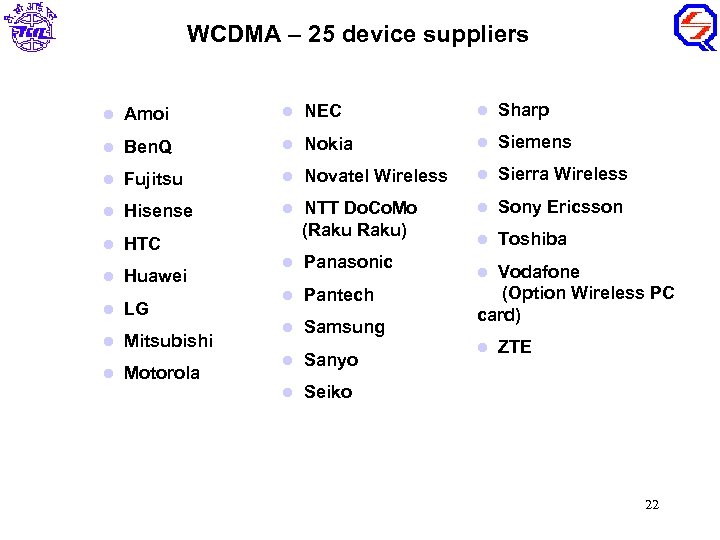 WCDMA – 25 device suppliers l Amoi l NEC l Sharp l Ben. Q