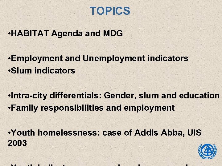 TOPICS • HABITAT Agenda and MDG • Employment and Unemployment indicators • Slum indicators