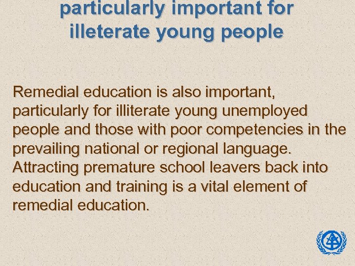 particularly important for illeterate young people Remedial education is also important, particularly for illiterate