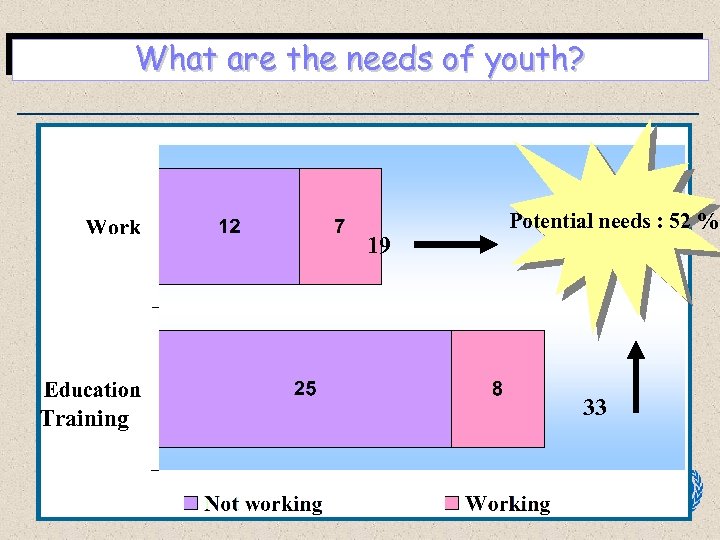 What are the needs of youth? 19 Training Potential needs : 52 % 33