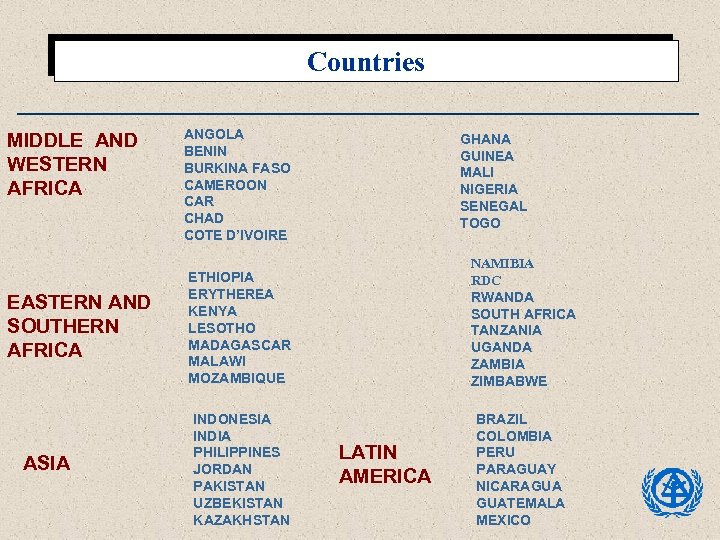 Countries MIDDLE AND WESTERN AFRICA EASTERN AND SOUTHERN AFRICA ASIA ANGOLA BENIN BURKINA FASO
