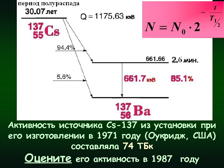 Активность источника Cs-137 из установки при его изготовлении в 1971 году (Оукридж, США) составляла