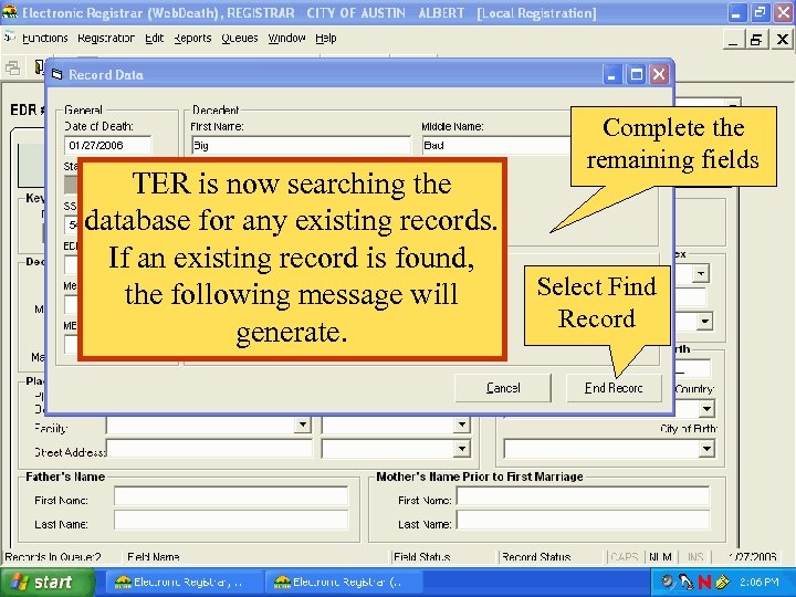 TER is now searching the database for any existing records. If an existing record