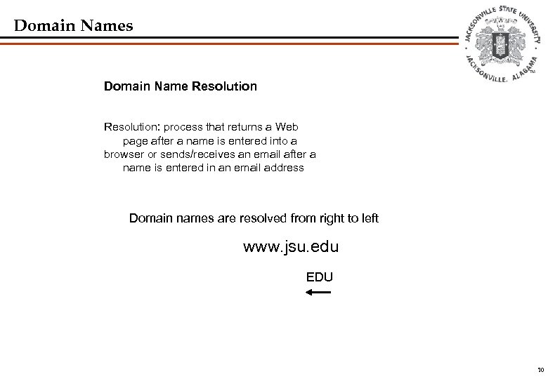 Domain Names Domain Name Resolution: process that returns a Web page after a name