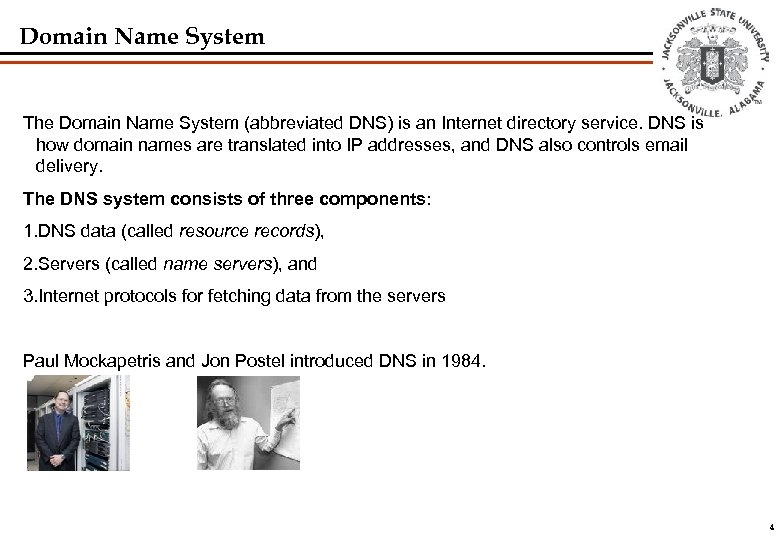 Domain Name System The Domain Name System (abbreviated DNS) is an Internet directory service.