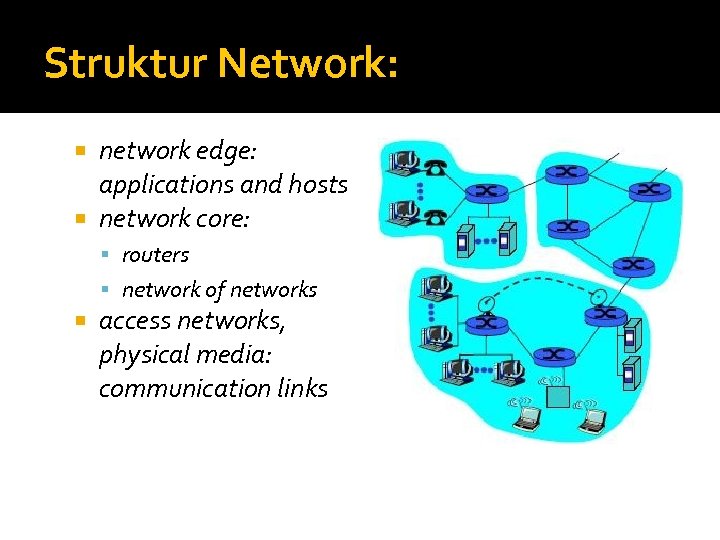 Struktur Network: network edge: applications and hosts network core: routers network of networks access