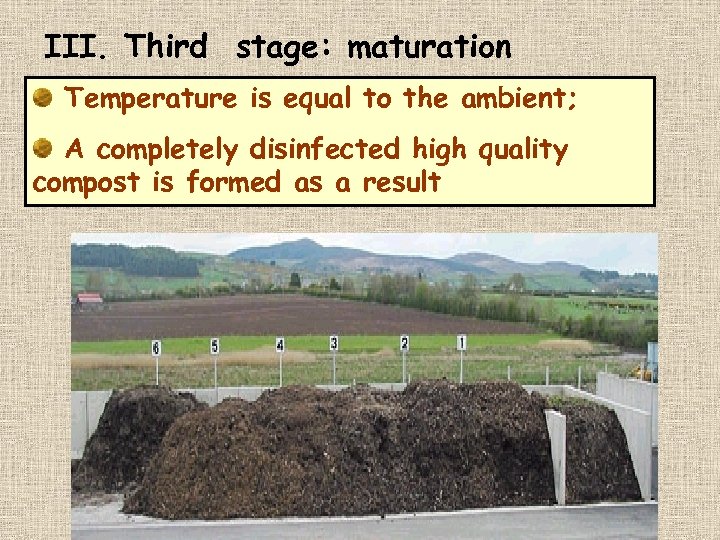 III. Third stage: maturation Temperature is equal to the ambient; A completely disinfected high