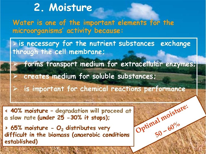 2. Moisture Water is one of the important elements for the microorganisms’ activity because: