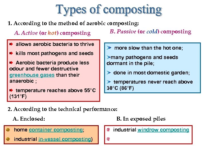 1. According to the method of aerobic composting: B. Passive (or cold) composting A.